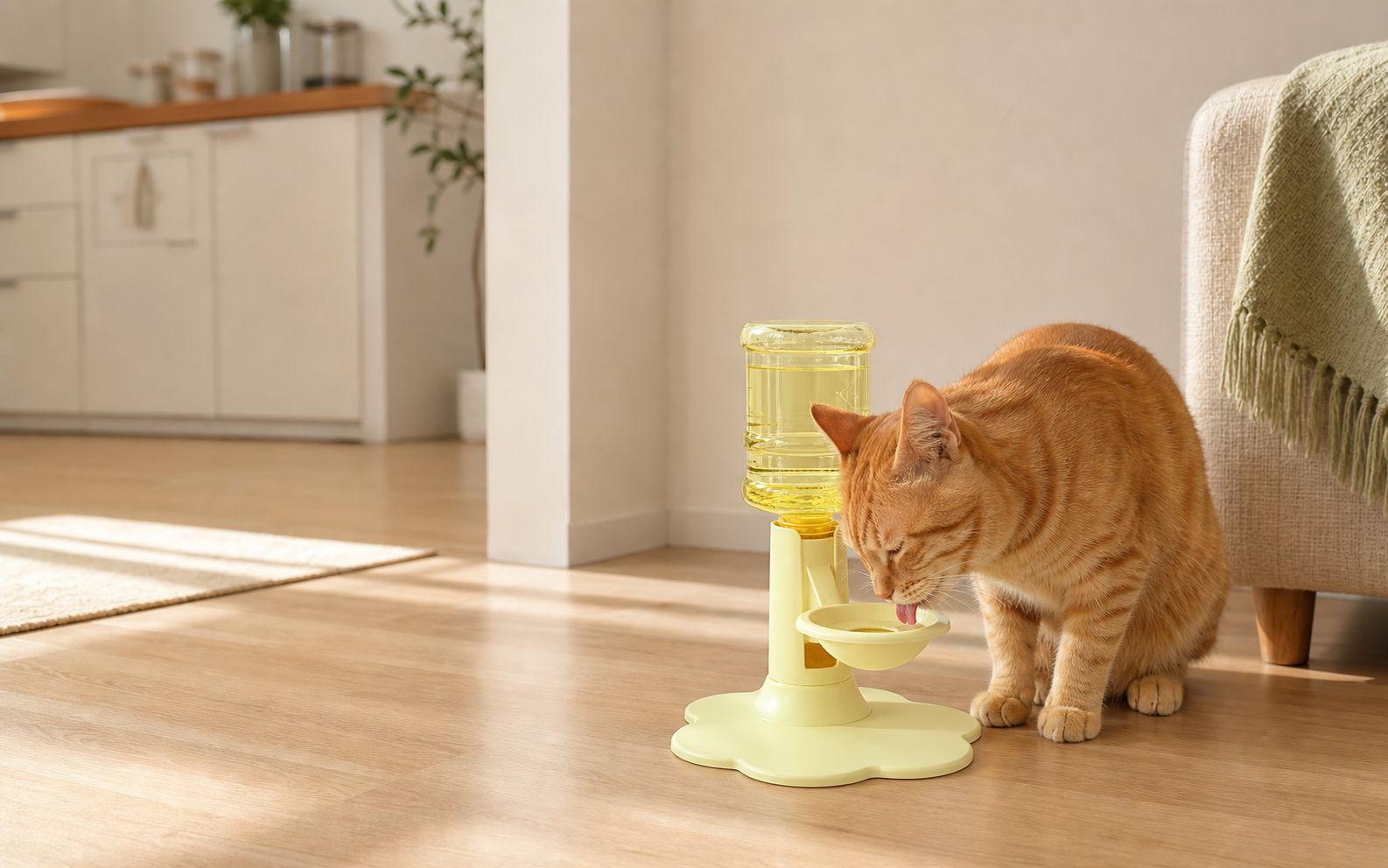 Orange tabby cat drinking from the HgkooPets gravity water dispenser