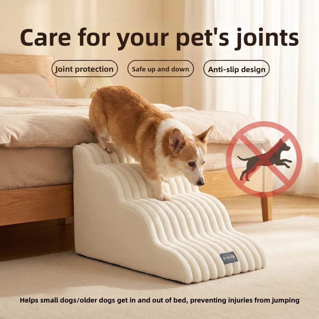 Dog safely using curved non-slip Hgkoo pet stairs