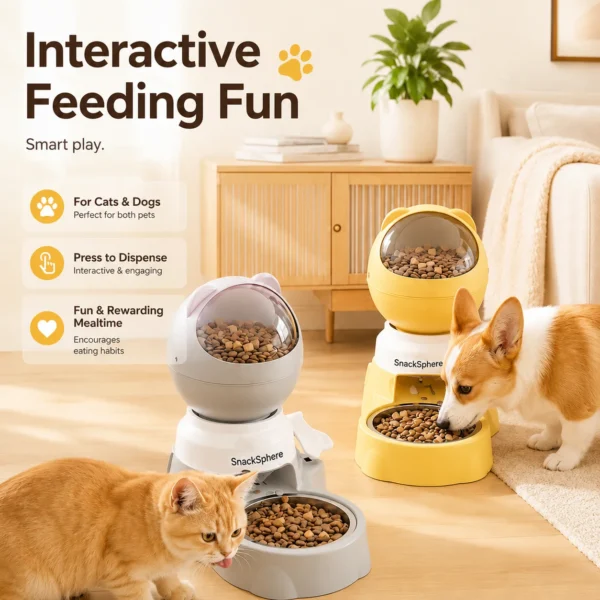 Cat and dog using the SnackSphere press-to-dispense feeder