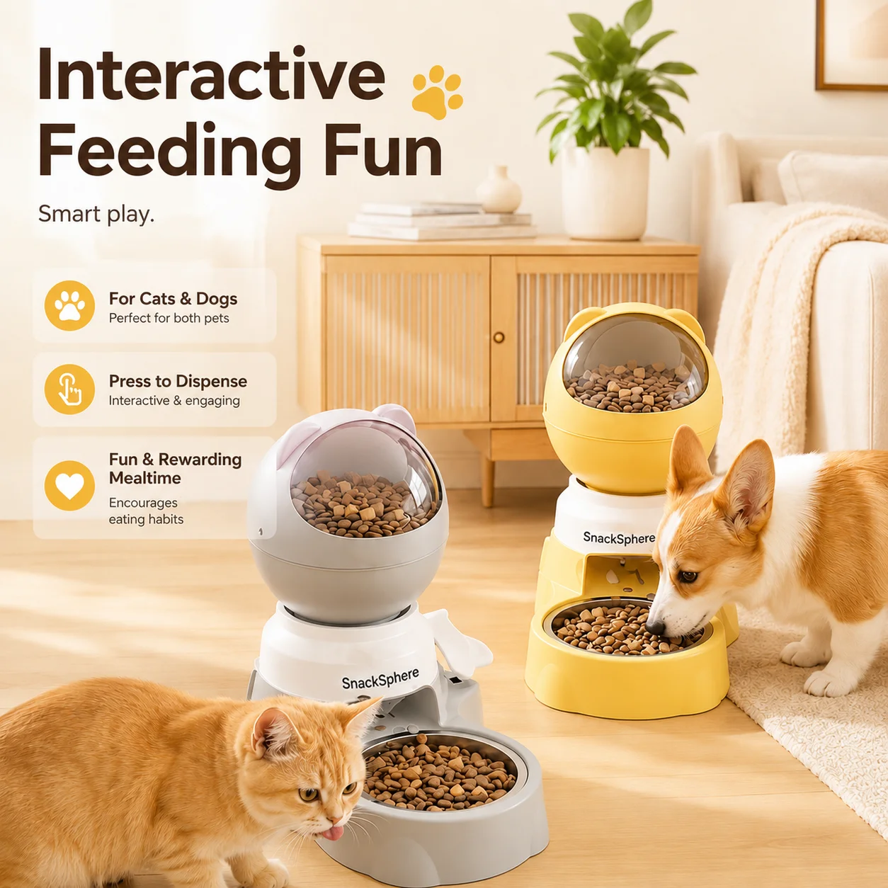 Cat and dog using the SnackSphere press-to-dispense feeder