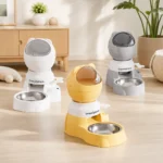 White, yellow, and grey SnackSphere pet feeder color choices