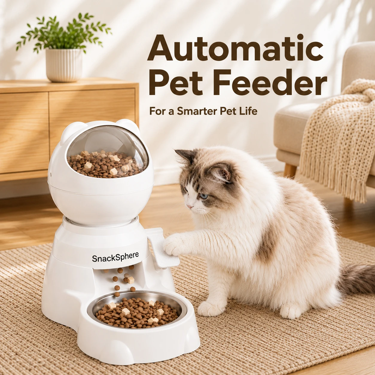 White SnackSphere interactive pet feeder with a cat