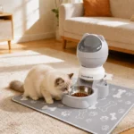Cat eating from a grey SnackSphere pet feeder