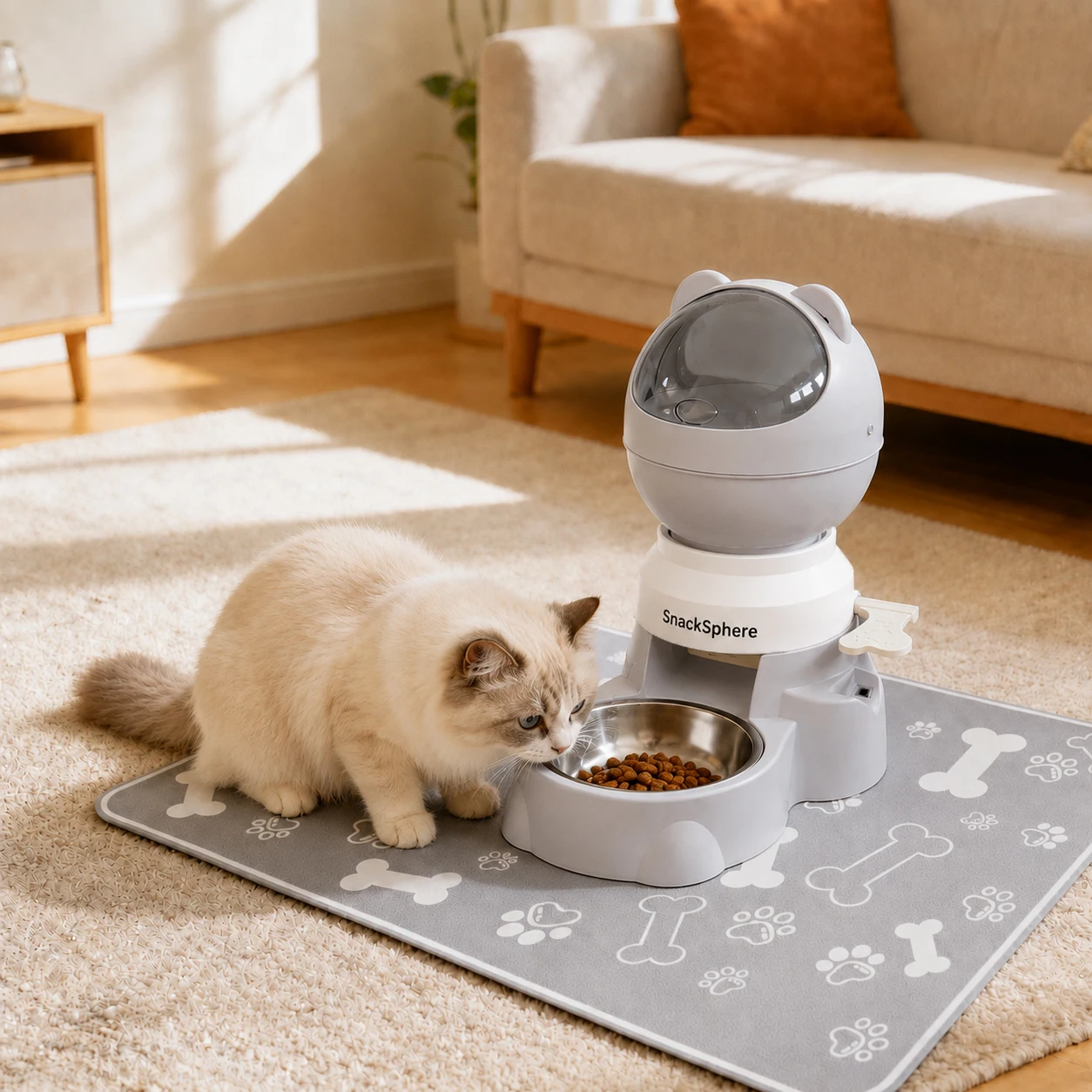 SnackSphere Pet Feeding Routine Cat eating from a grey SnackSphere pet feeder