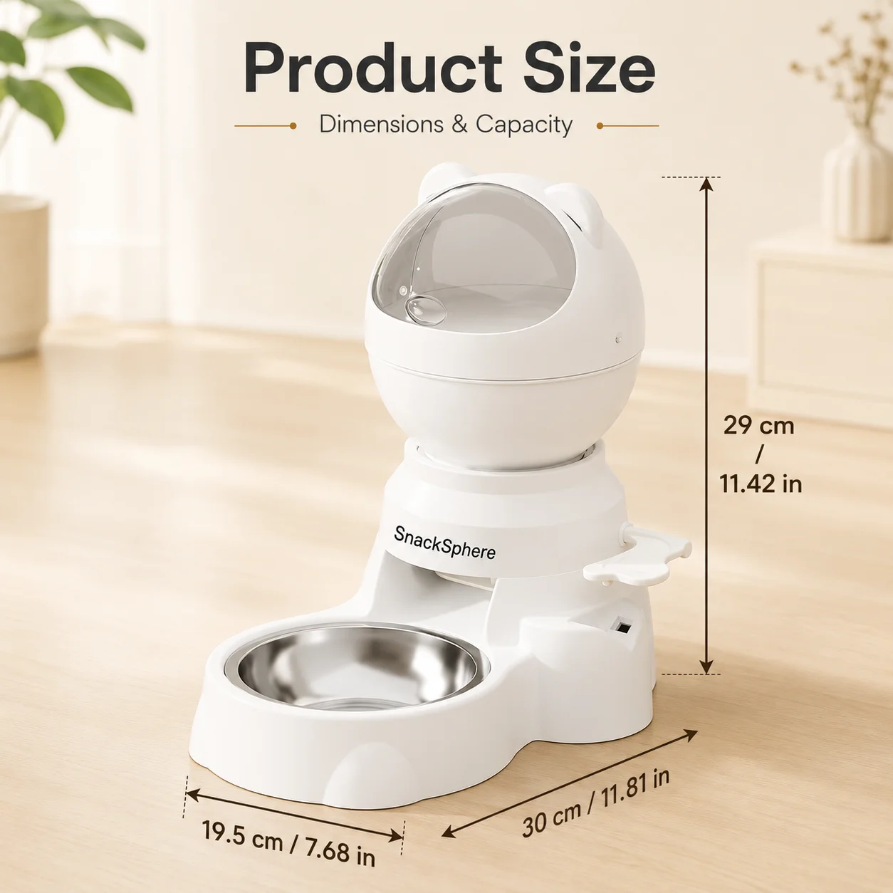 SnackSphere Size Guide SnackSphere pet feeder dimensions and stainless-steel bowl size