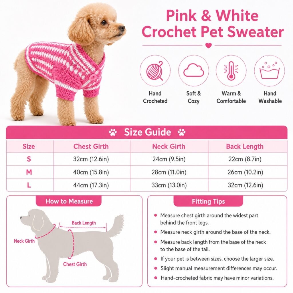 Supplied sweater size and measuring guide