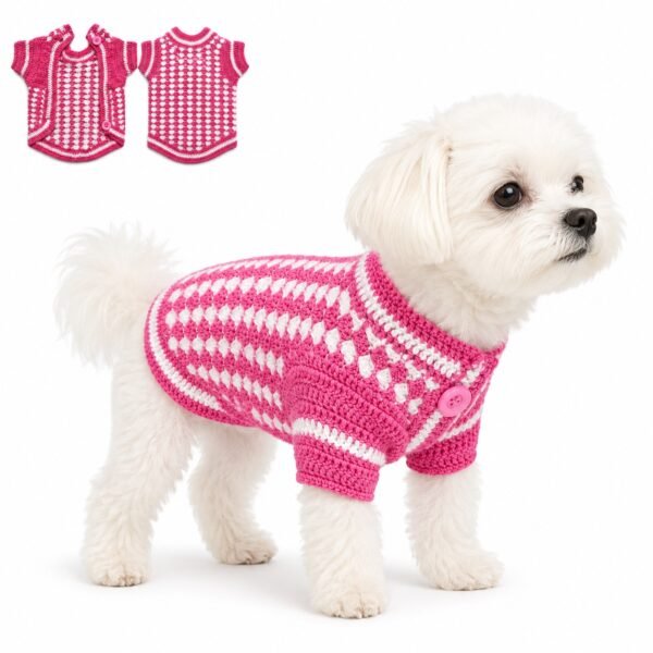 Pink and white hand-crocheted pet sweater on a small dog