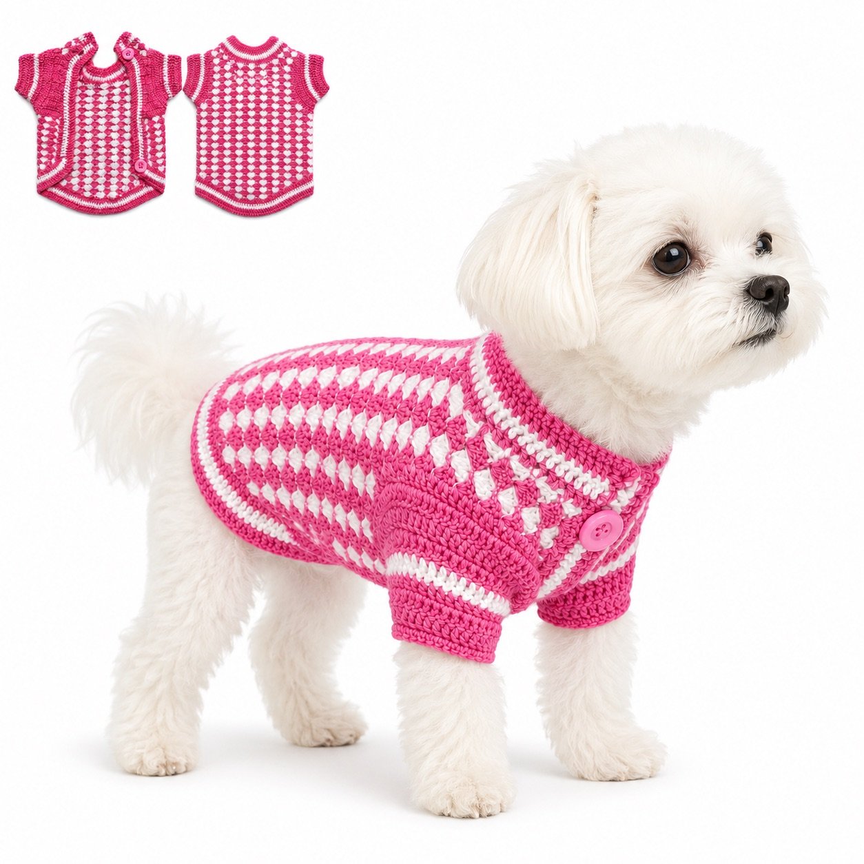 Pink and white hand-crocheted pet sweater on a small dog