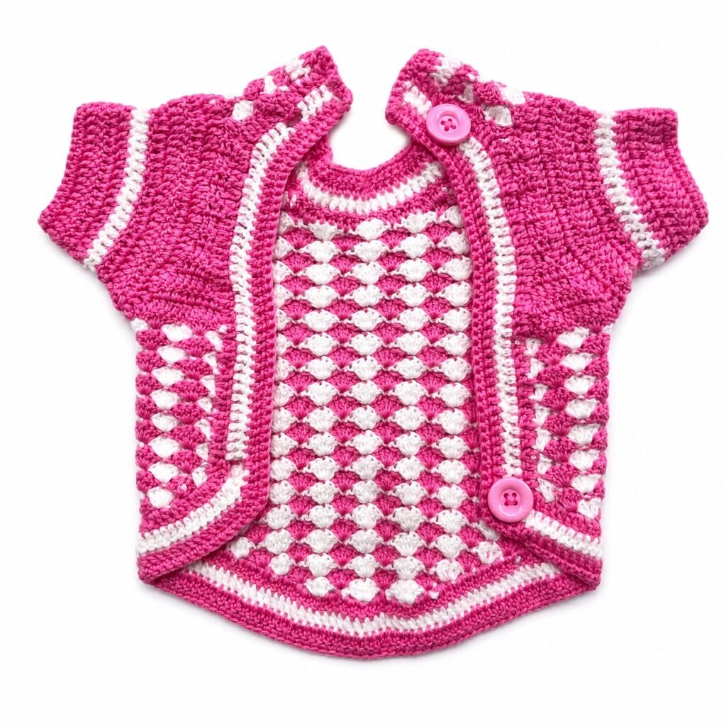 Open front with two pink buttons and crochet sleeve detail