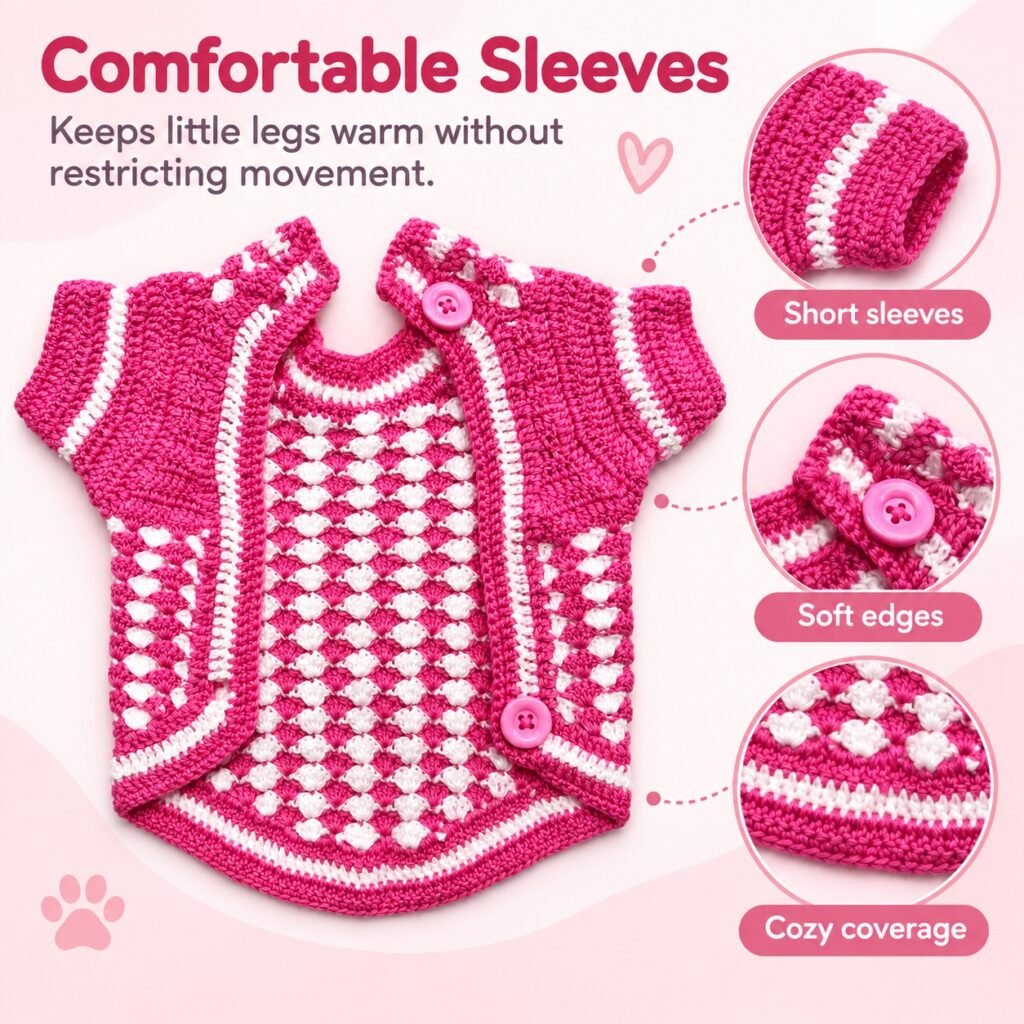 Comfortable sleeves detail image for crochet pet sweater with correct right-side button placement