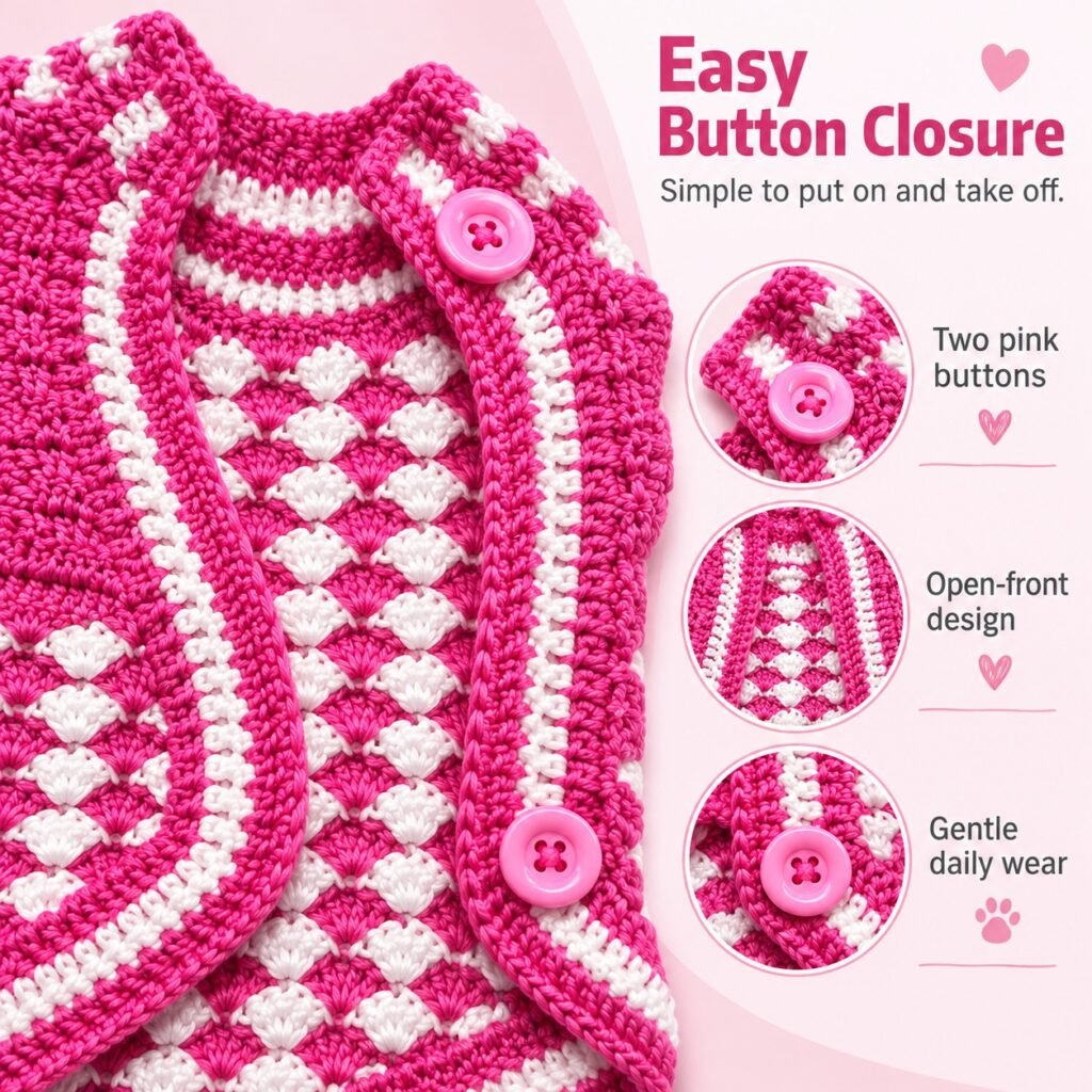 Easy button closure detail image for crochet pet sweater