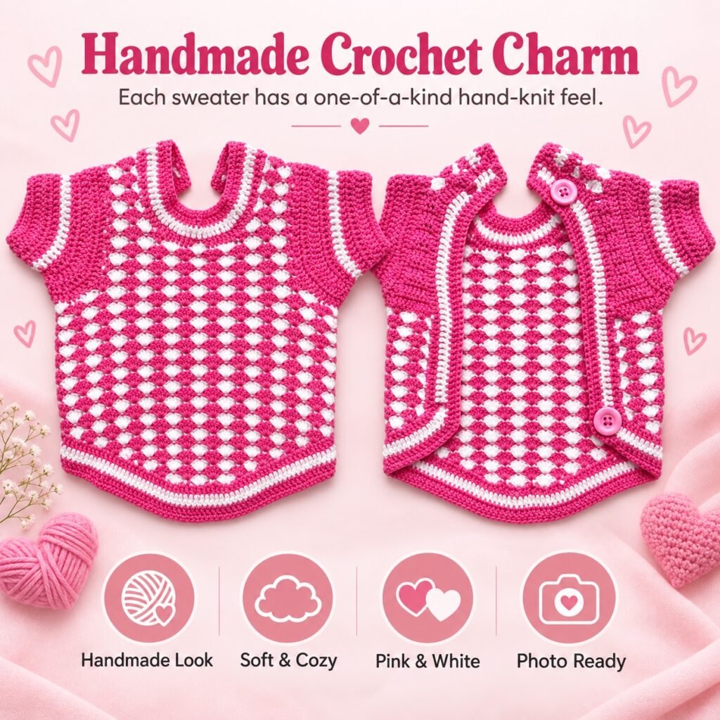 Handmade crochet charm detail image for pink and white pet sweater