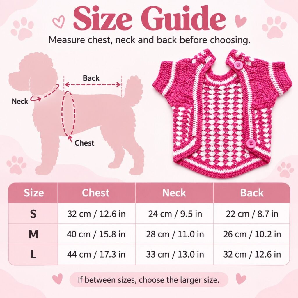 Crochet pet sweater size guide for S M and L